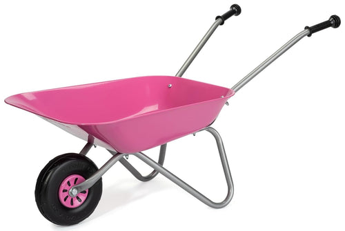 Kids Pink Metal Wheelbarrow – Plastic Handles, Tubular Tyre, Holds 25kg Load Cap