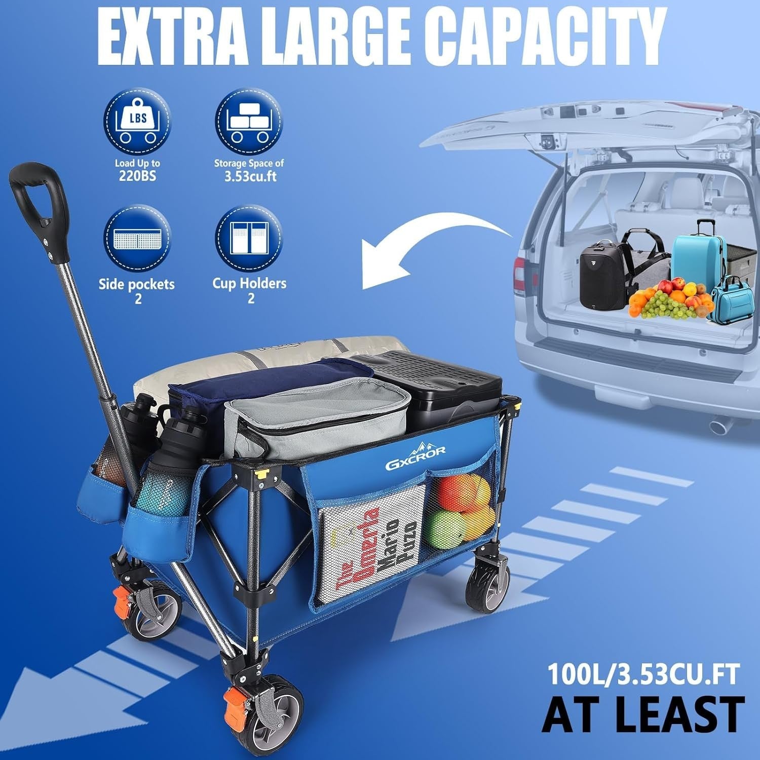 Blue 100L Folding Wagon Heavy Duty Trolley 13cm Wide Wheel Cart w/ Brakes