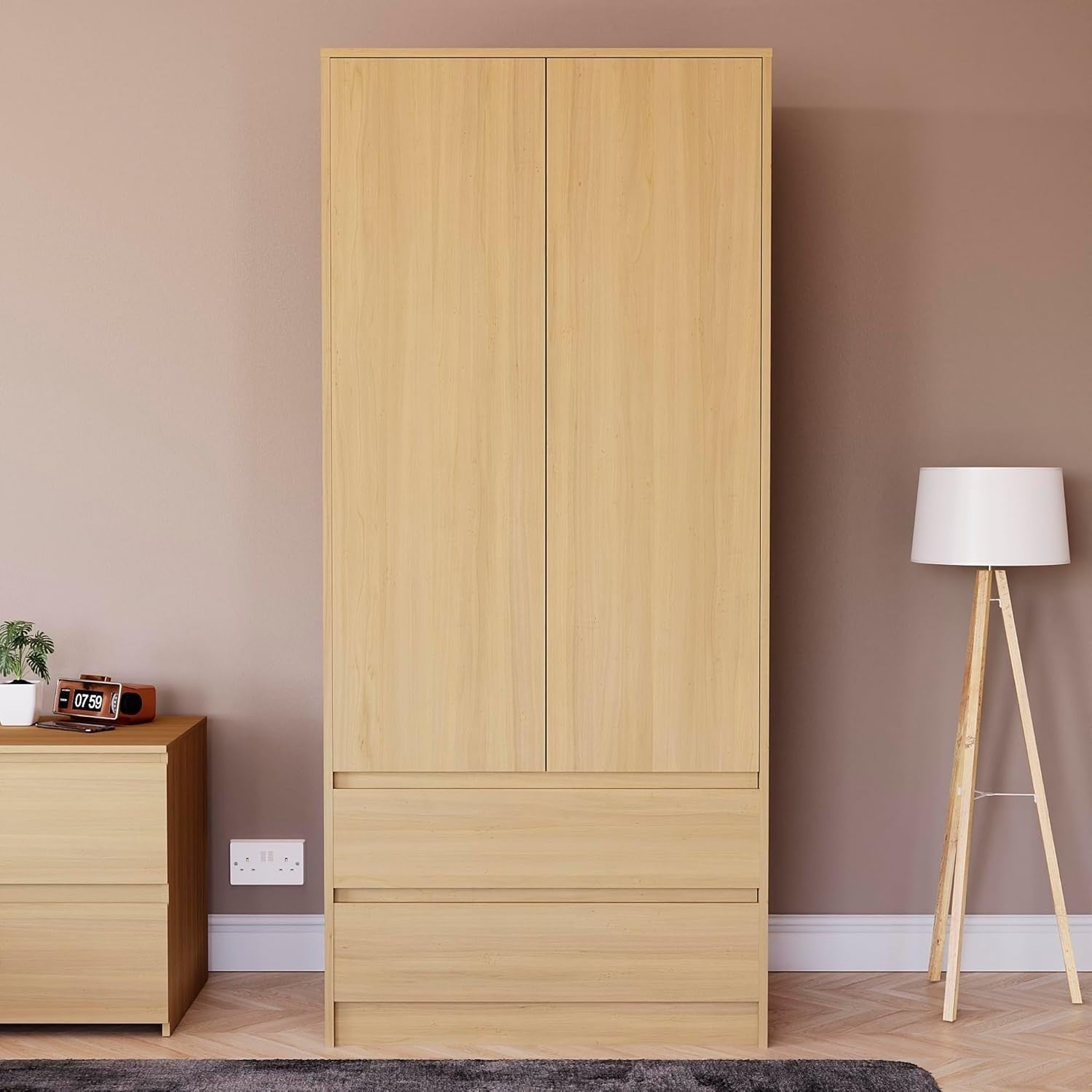 2 Door Wardrobe with 2 Drawers Pine Wood Storage Cabinet Modern Bedroom
