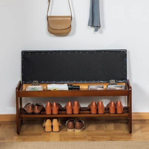 Contemporary Black Solid Wood Shoe Bench with Cushion & Hidden Storage