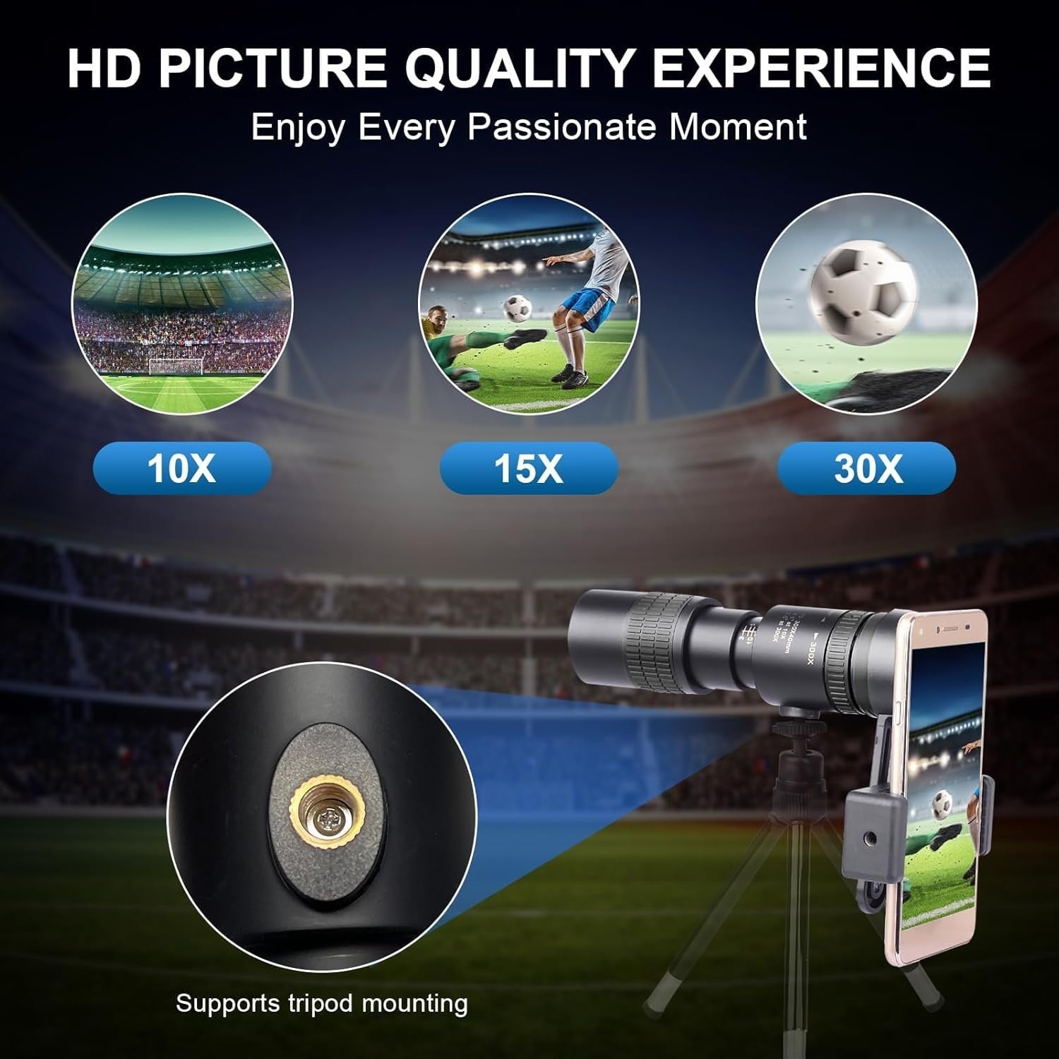 10-30X40 Black Monocular Telescope High Power with Phone Adapter