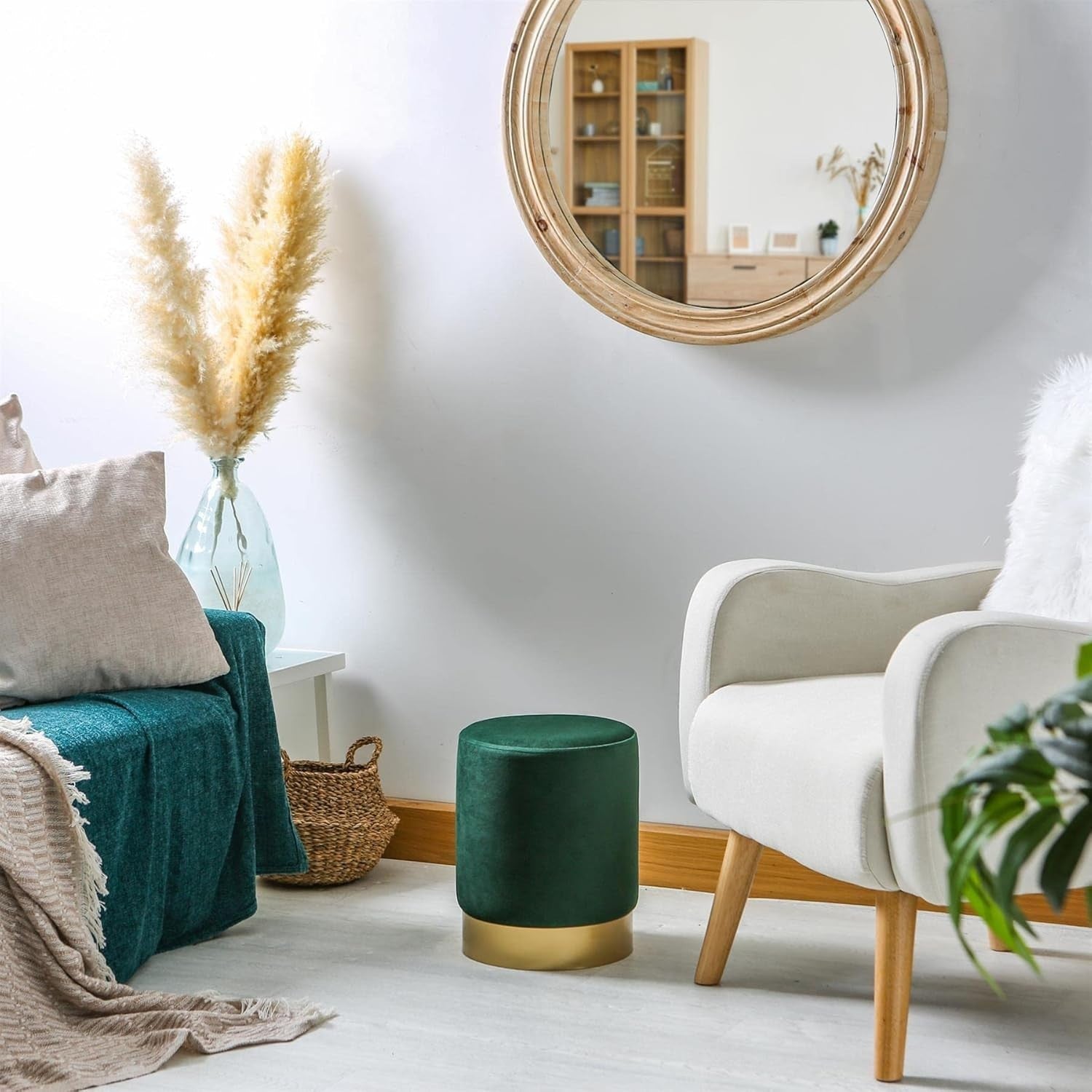 Green Velvet Round Pouffe Footstool Modern Accent Seat 29x36cm