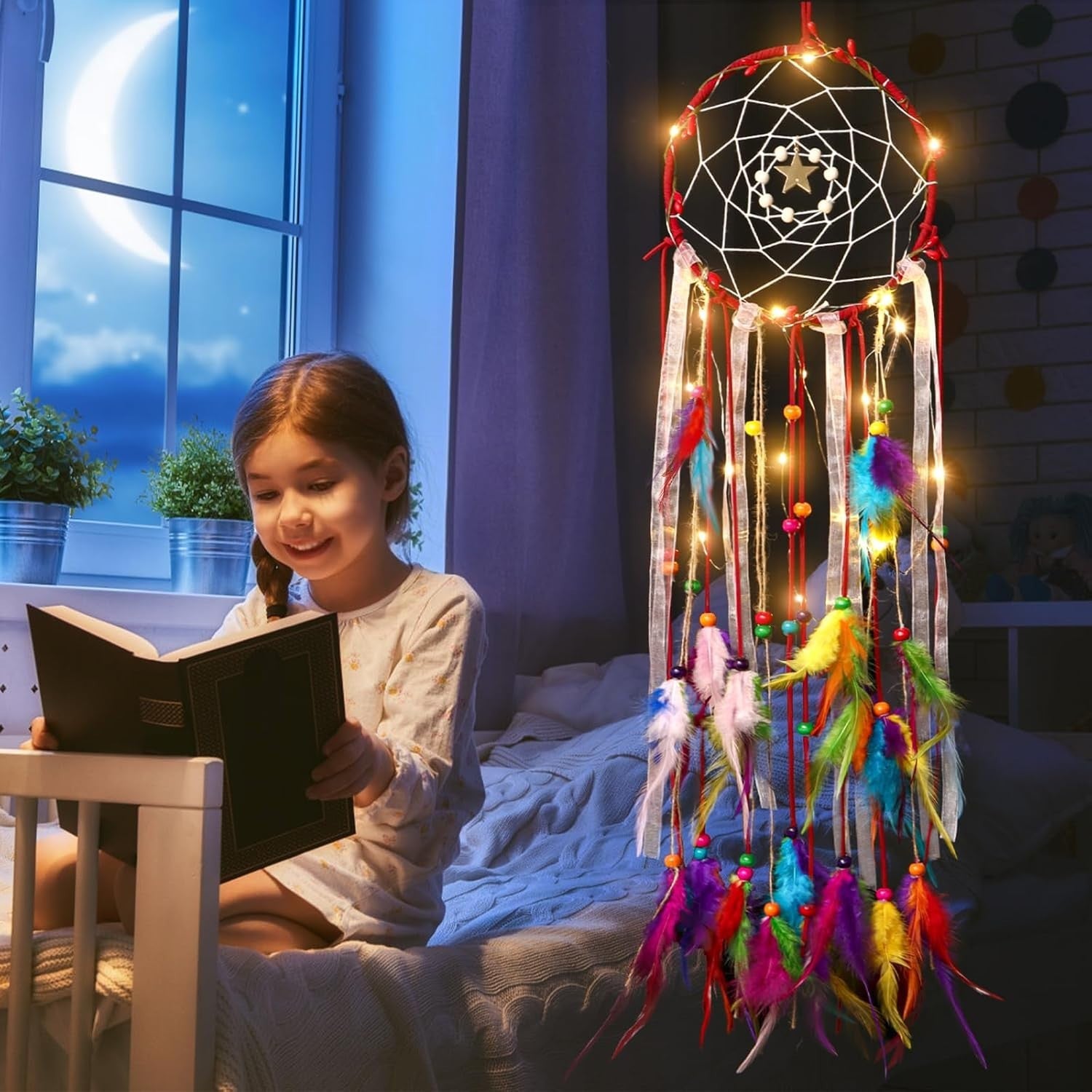Colorful Boho Dreamcatcher with LED Fairy Lights Wall Decor