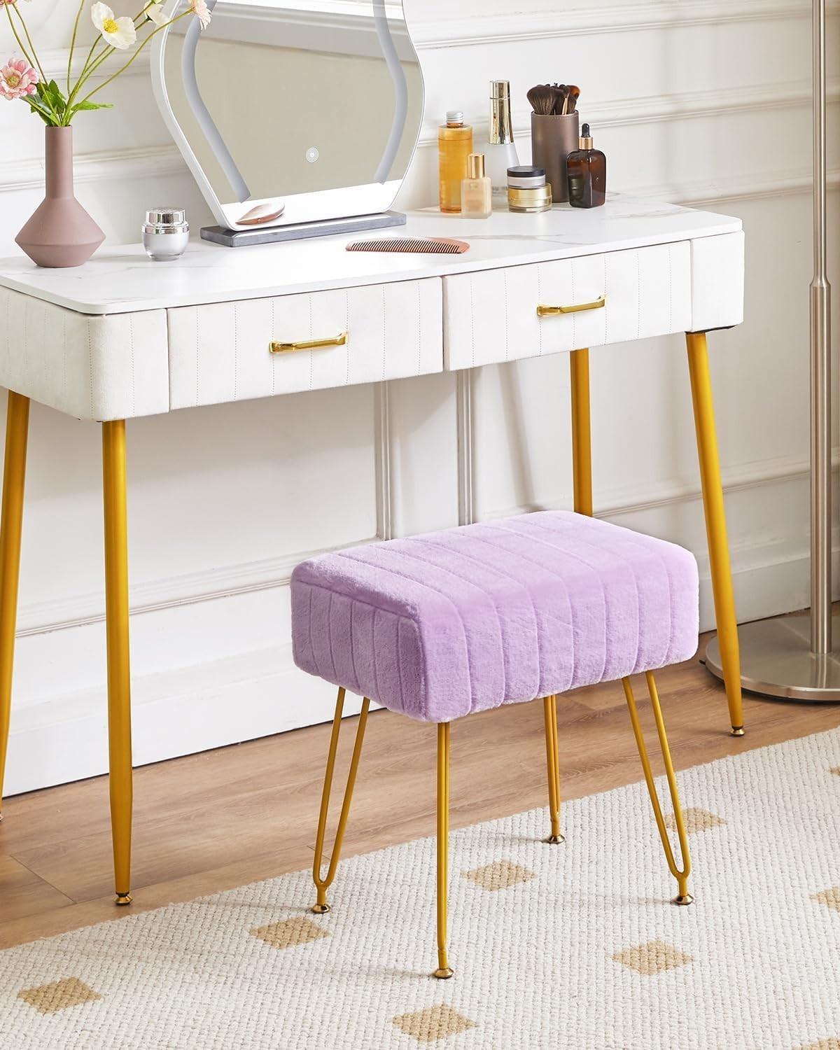 Purple Velvet Footrest Ottoman – Rectangular Vanity Stool with Gold Legs