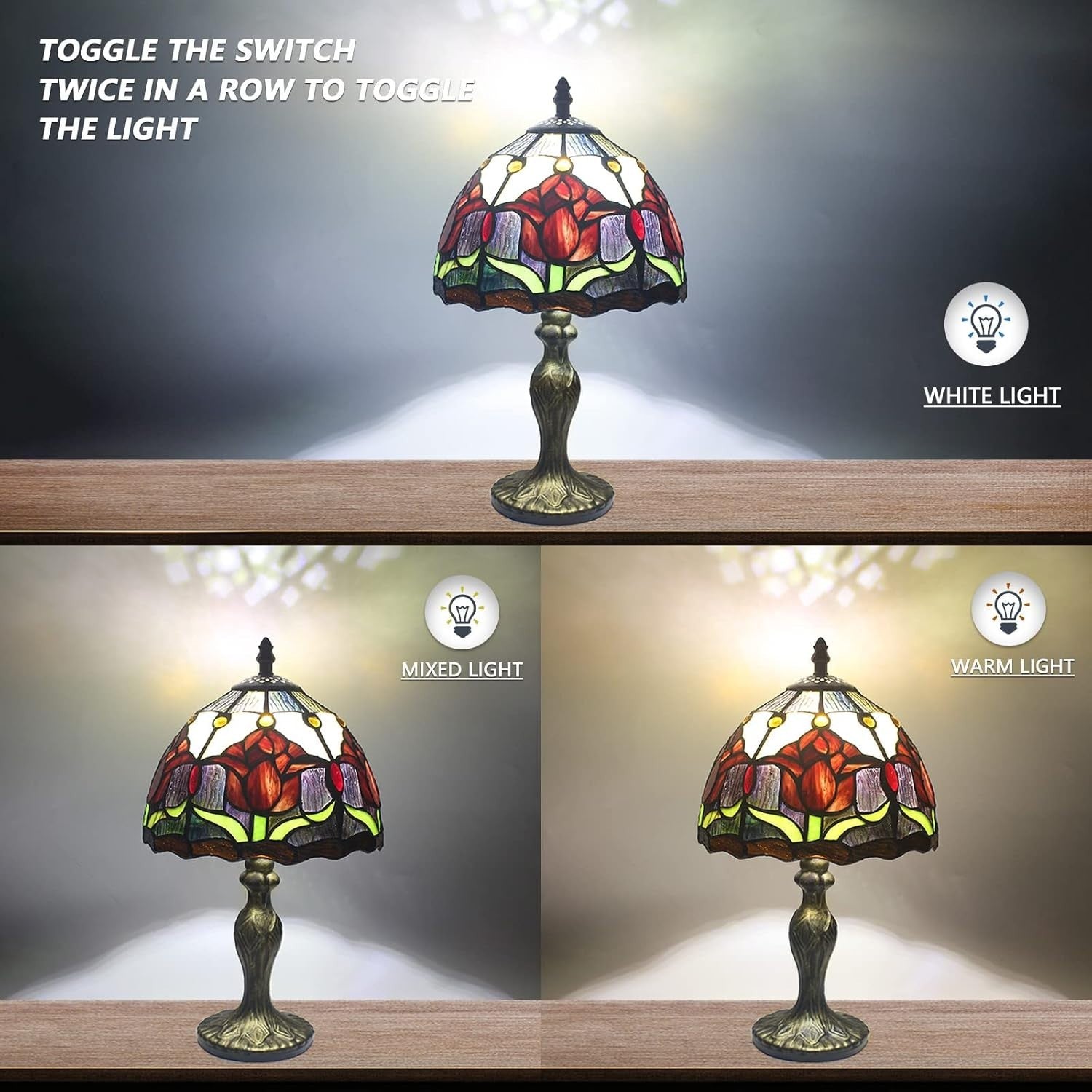 Vintage Stained Glass Table Lamp Red Tulips Handmade Desk Bedside Light