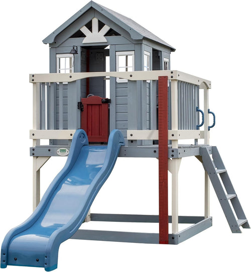 Elevated Cedar Kids Playhouse with Slide Toy Kitchen Growth Chart