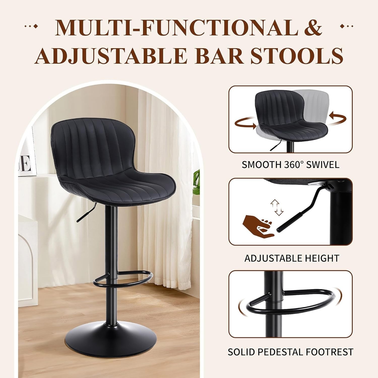 Black PU Leather Bar Stools Set of 2 Adjustable Kitchen Counter Chairs