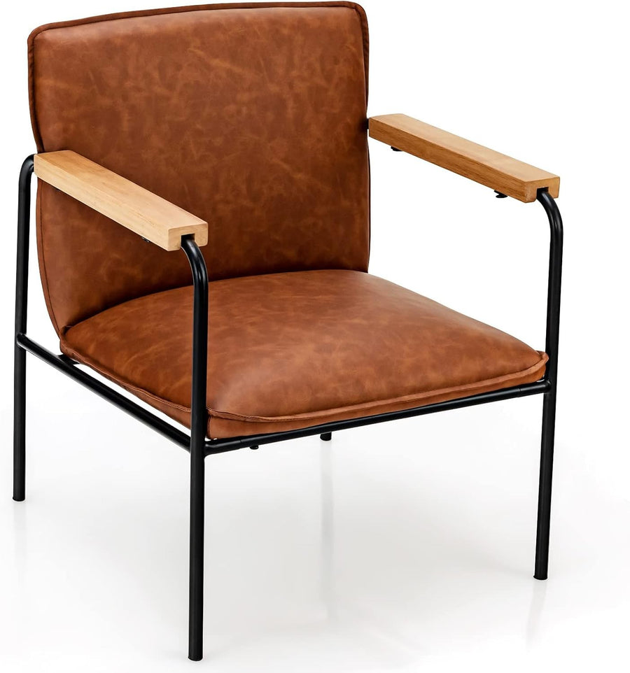 Camel PU Leather Accent Chair Lounge Armchair Wood Arms