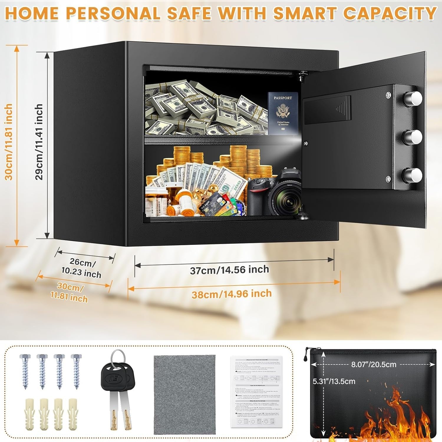 34L Digital Safe Box Alarm Silent Mode A4 Document Money Safe