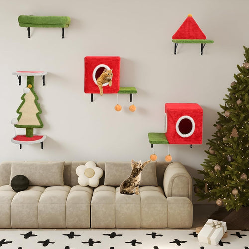 Christmas Cat Wall Shelves 5pcs Festive Climbing Set Red Green Wall Mounted