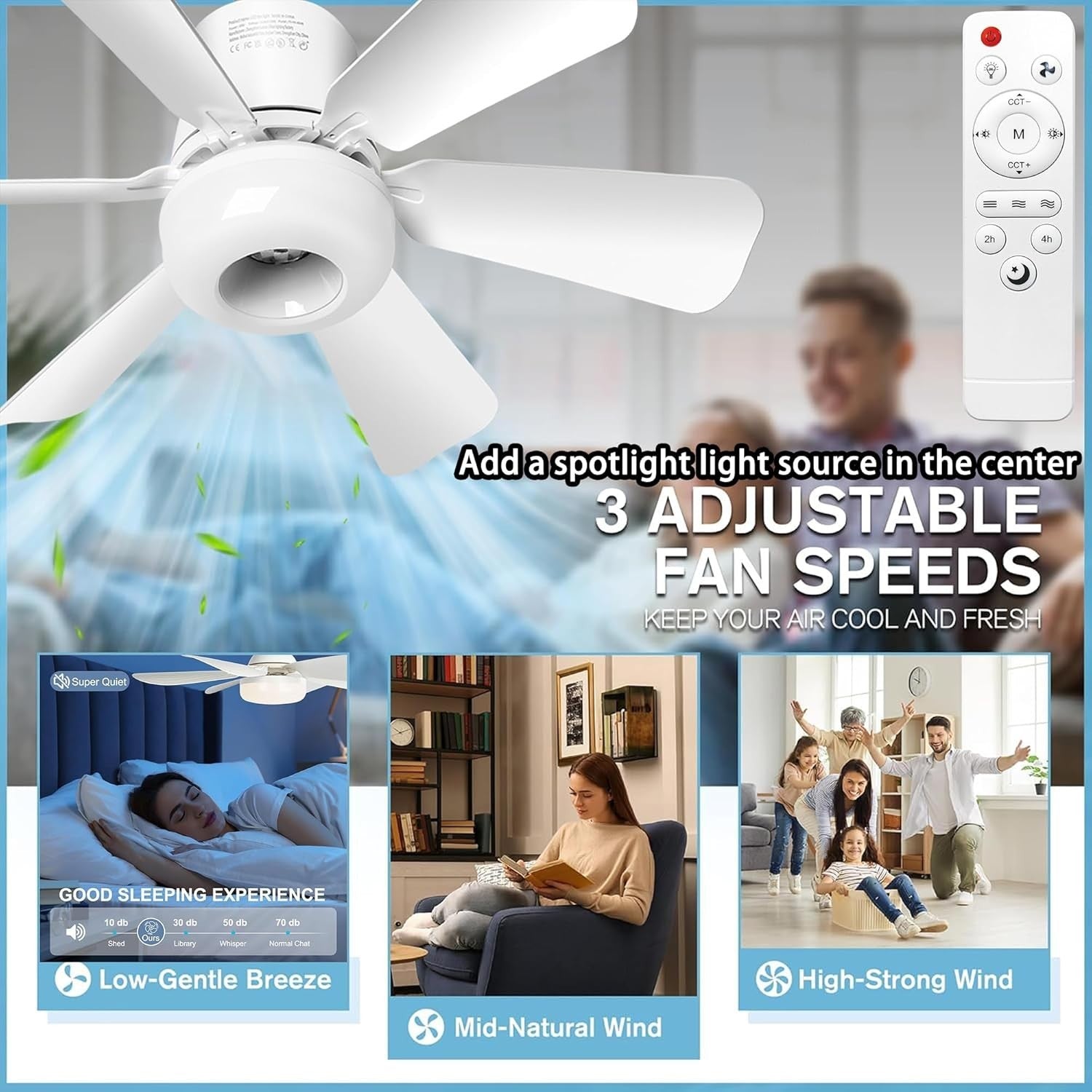 16.9-Inch Ceiling Fan with Light, Multicolour, Dimmable, Remote Control