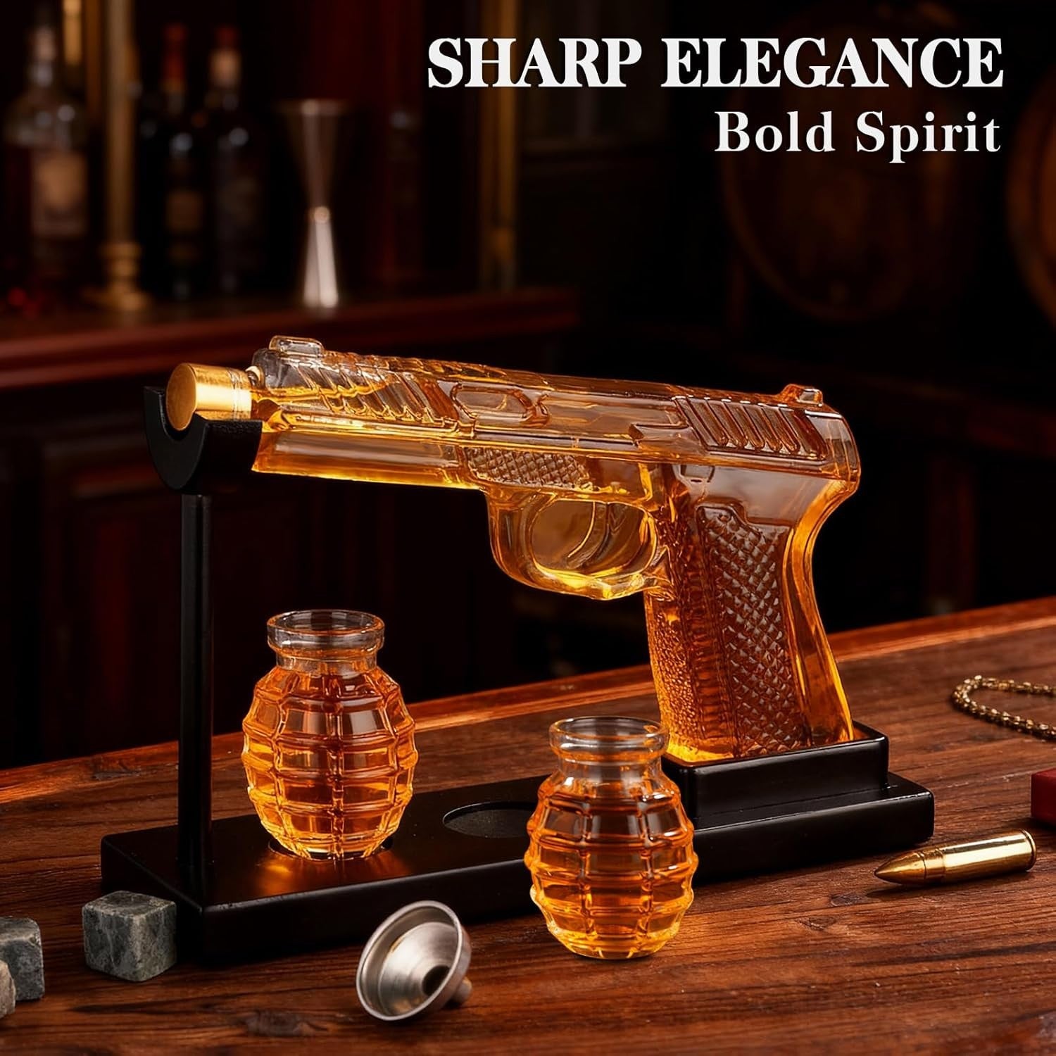 AK47 Whiskey Decanter Set with Stand & 2 Shot Glasses – 570ml Liquor Dispenser G