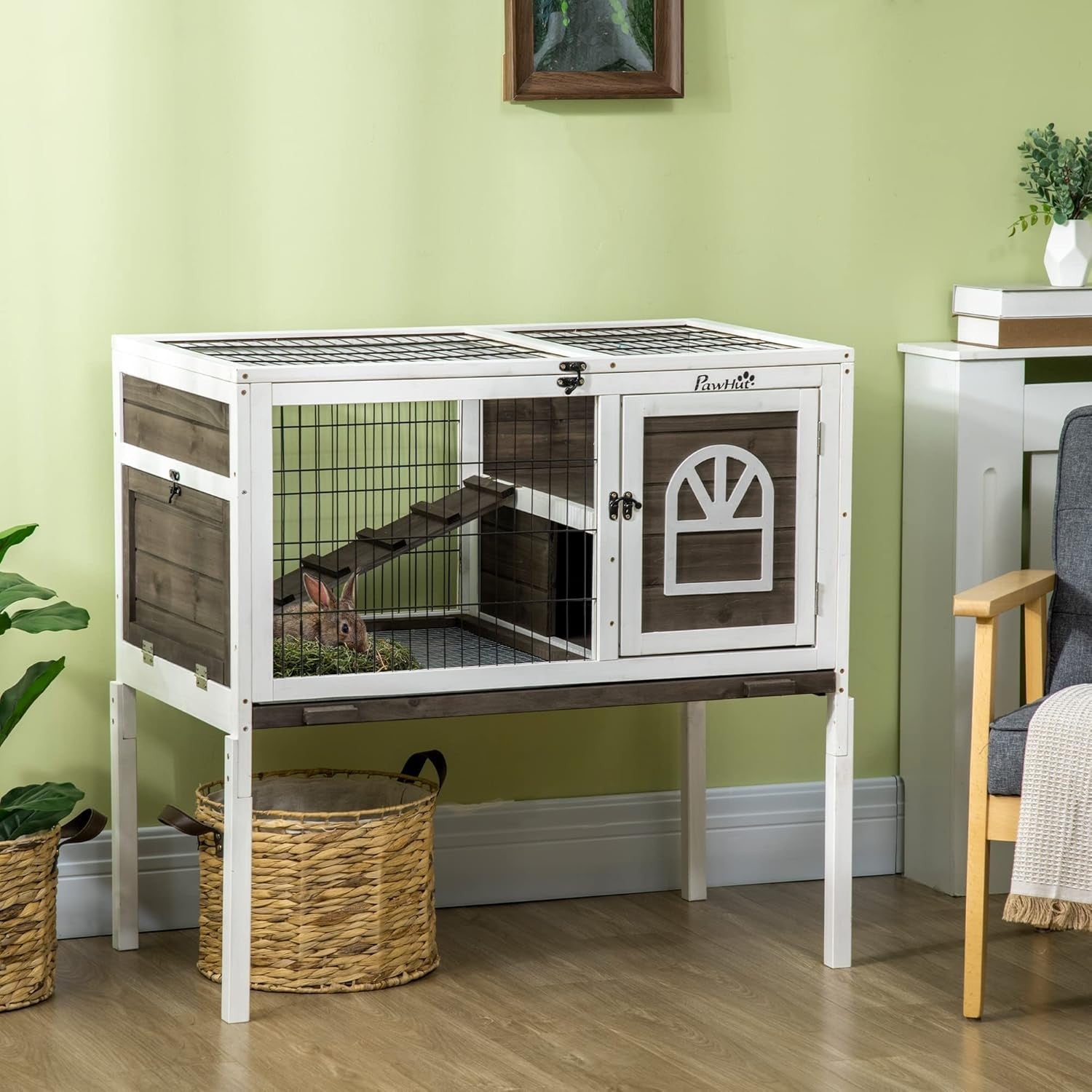 Elevated Wooden Rabbit Hutch Indoor Guinea Pig Cage Roof Ladder Tray