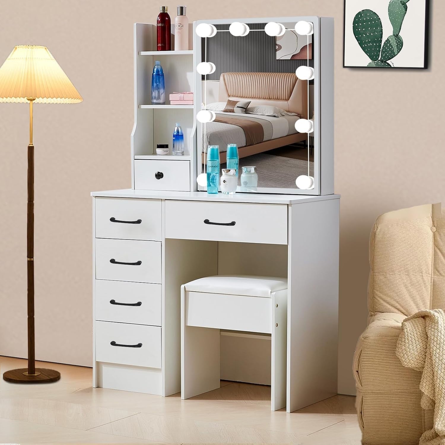 White Modern Vanity Makeup Desk Set LED Mirror Dressing Table 6 Drawers Storage