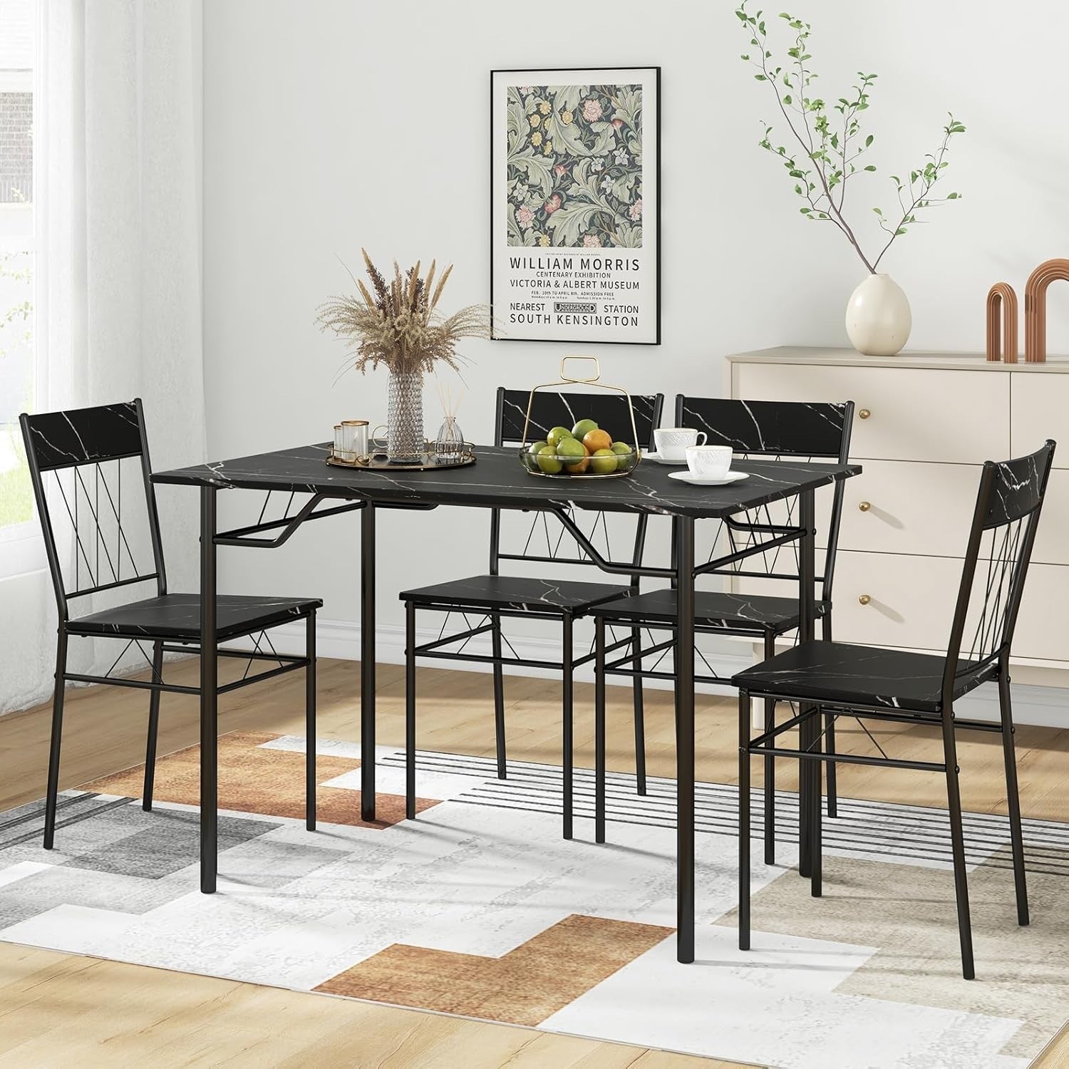 Black Marble Dining Table Set with 4 Chairs | Compact Kitchen & Living