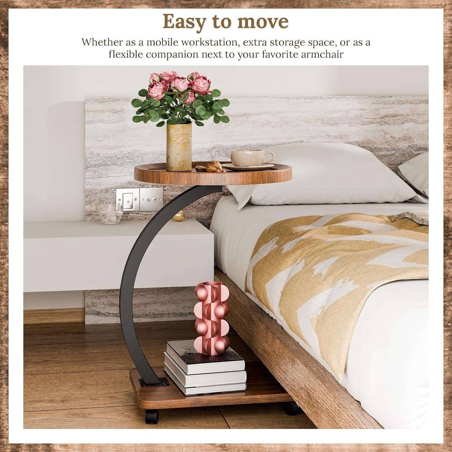 2-Tier C-Shaped Round Side Table with Casters Modern Small Sofa Desk