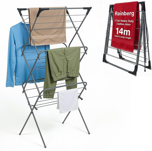 14m Clothes Airer 3 Tier Folding Laundry Drying Rack Heavy Duty Space Saving