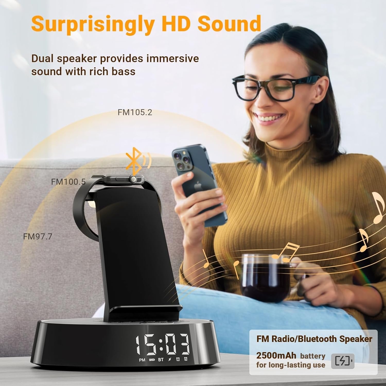 Wireless Charger Alarm Clock Bluetooth Speaker Night Light Fast Charge