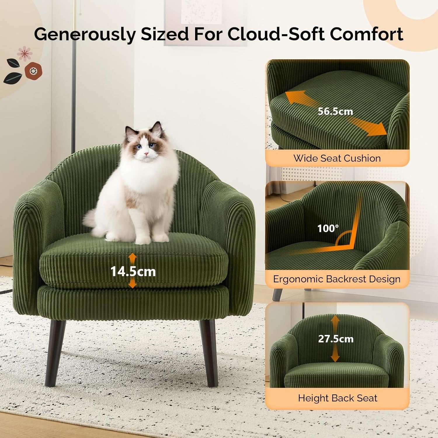 Modern Corduroy Armchair Wide Accent Chair Dark Green Wood Legs