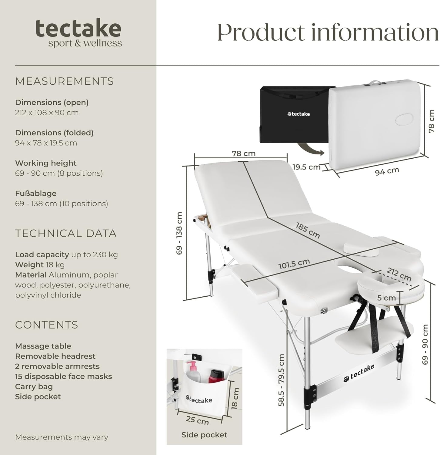 Portable 3 Zone Massage Table Foldable Aluminium Spa Beauty Bed 78cm White
