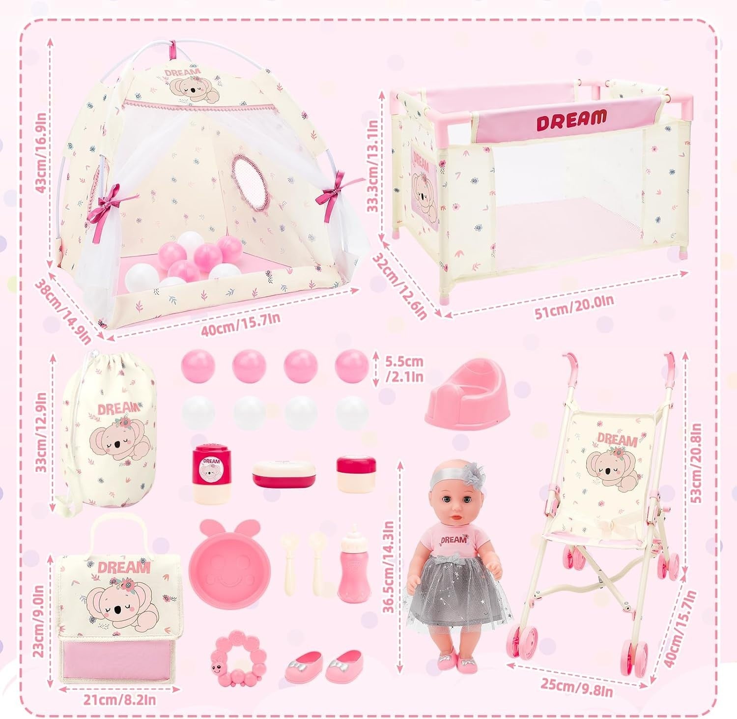 Baby Doll Stroller Playset with 14in Doll Cot Tent Accessories 25pcs