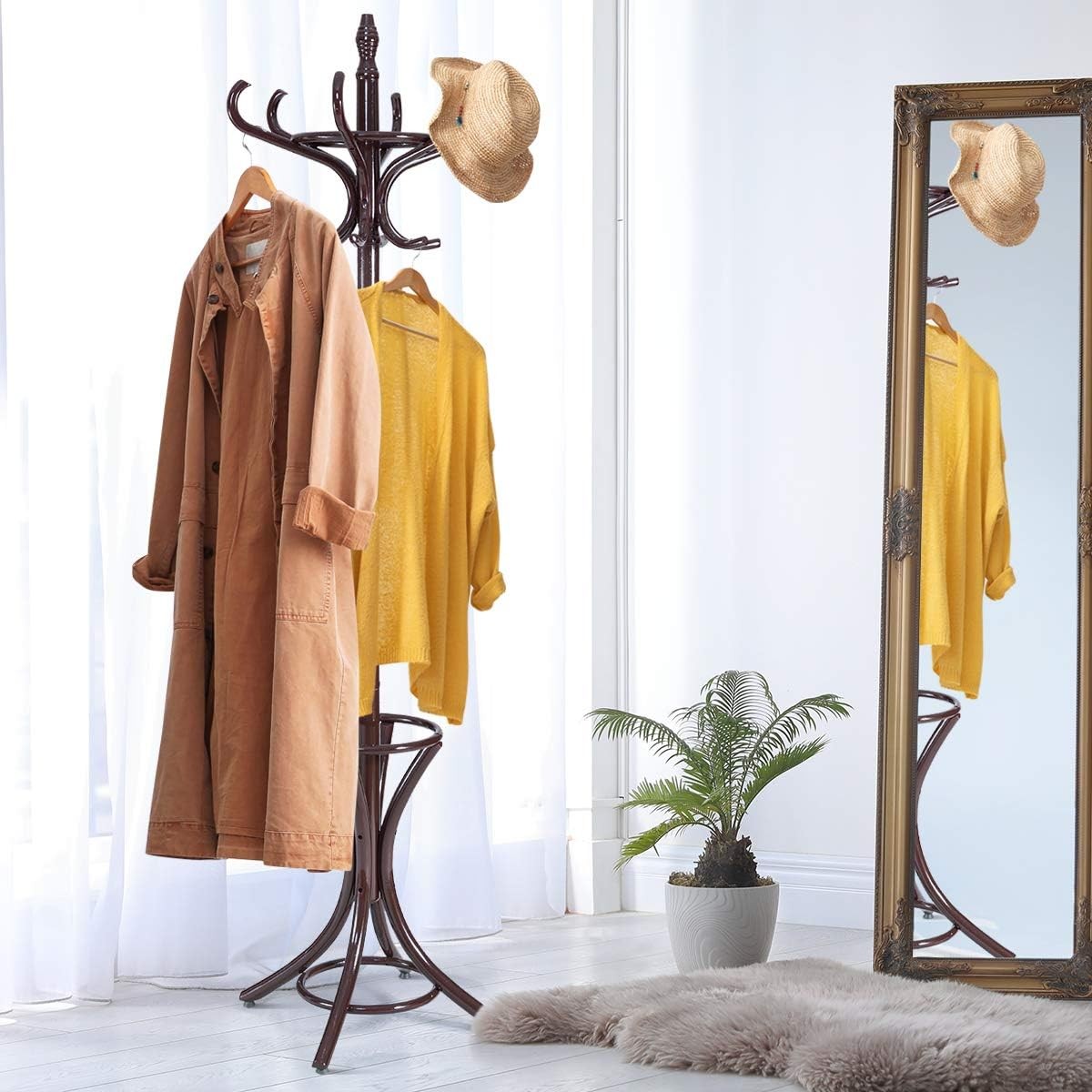 Multigot Coat Rack, Wooden Hat Clothes Hall Tree Hanger with Umbrella Holder and