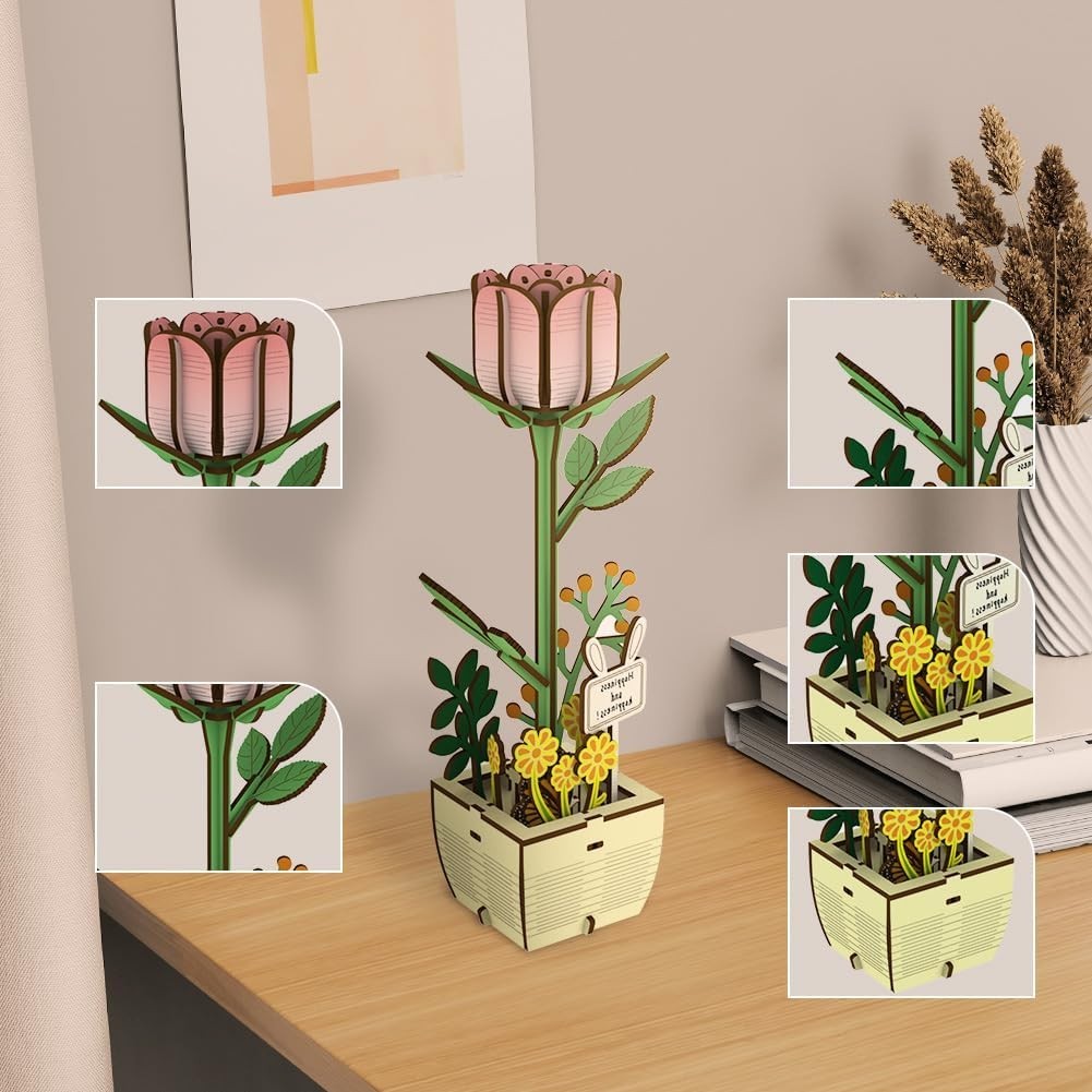 3D Wooden Flower Puzzle DIY Craft Kit, Romantic Home Décor, Easy Build Gift