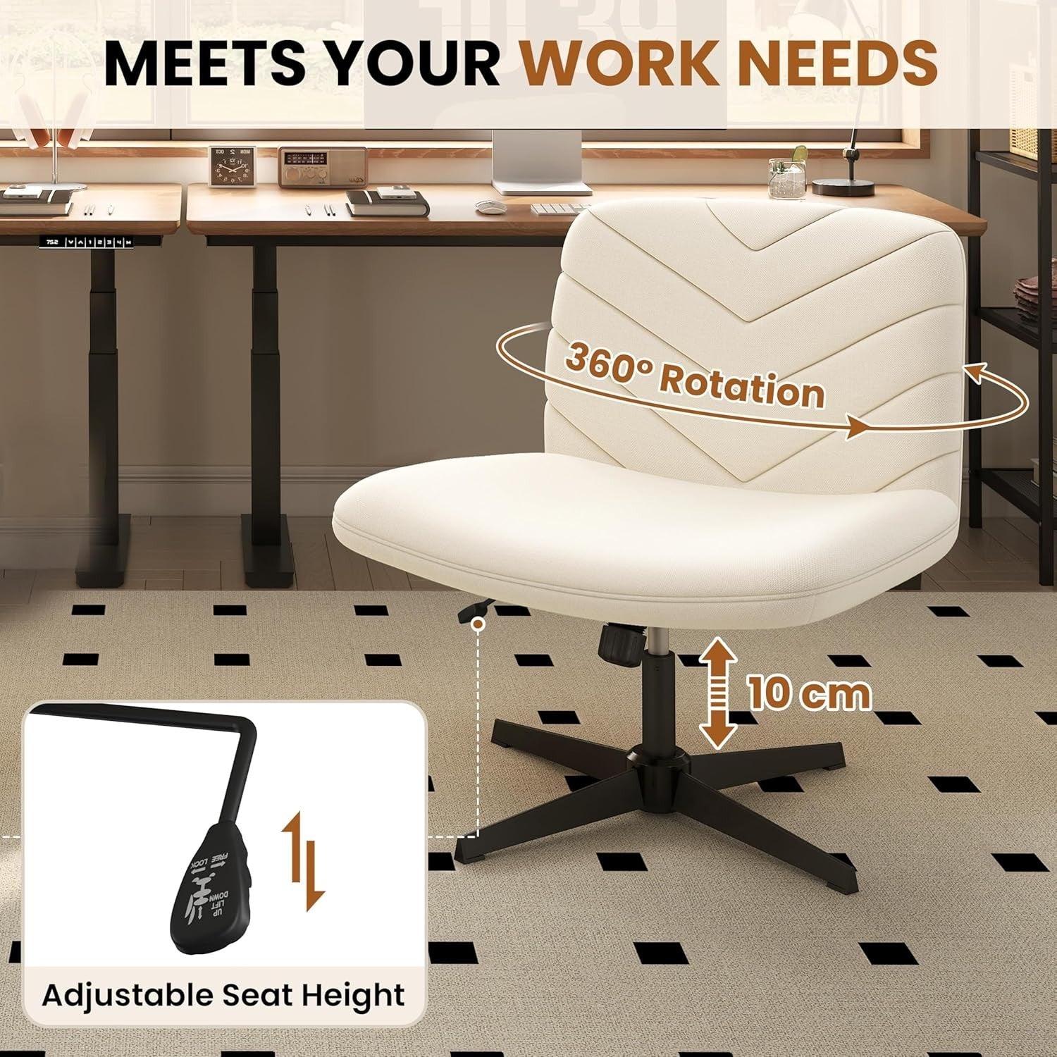 Office Chair Armless Desk Task Adjustable Height Swivel Study Home Beige
