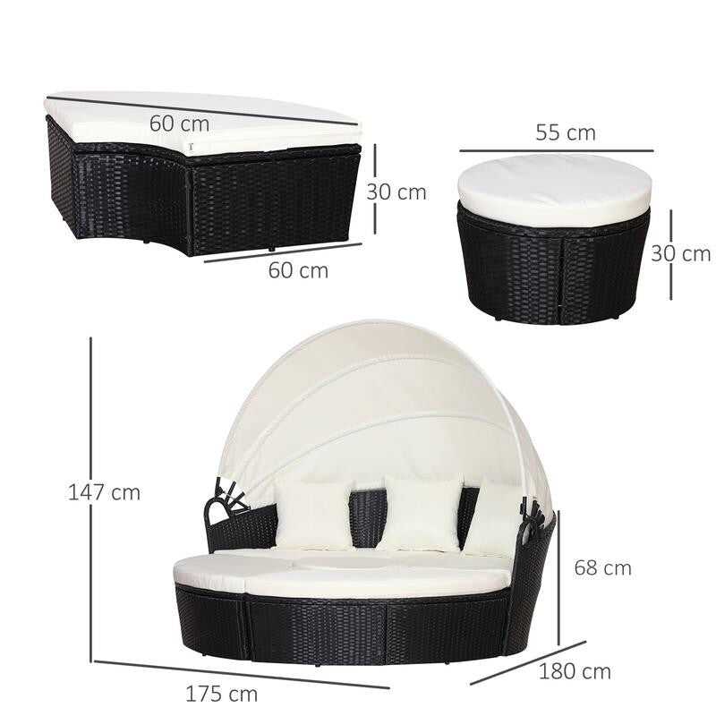 6 Seater Rattan Round Garden Sofa Bed Set with Canopy Table Cushions Black
