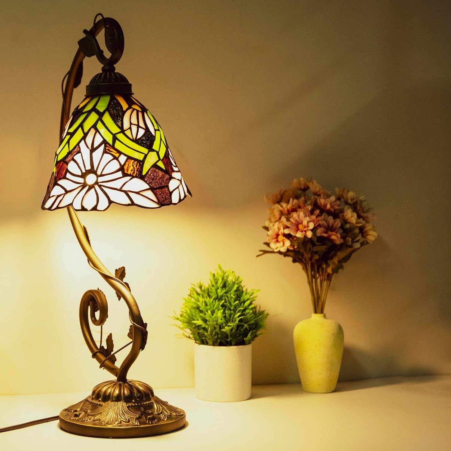 Stained Glass Table Lamp Remote Dimmable Color Temp 28x20x52cm