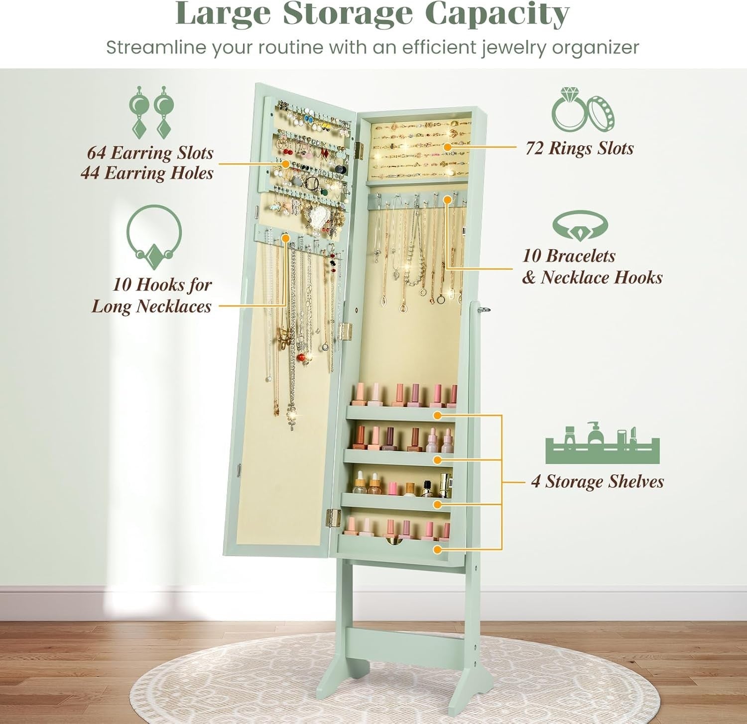 Freestanding Jewelry Cabinet Full Length Mirror Adjustable Storage Green