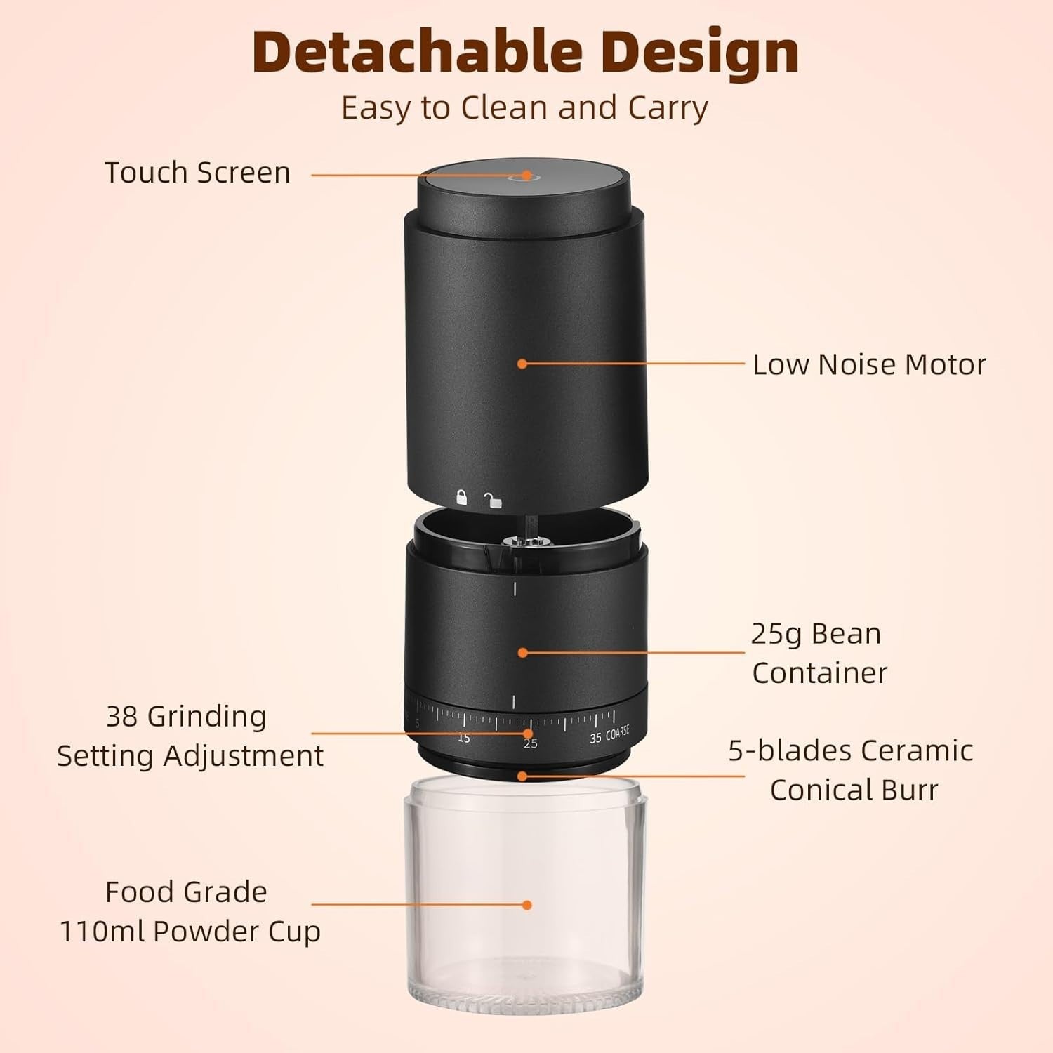 Electric Coffee Bean Grinder 38-Setting Burr Grinder USB Rechargeable Portable