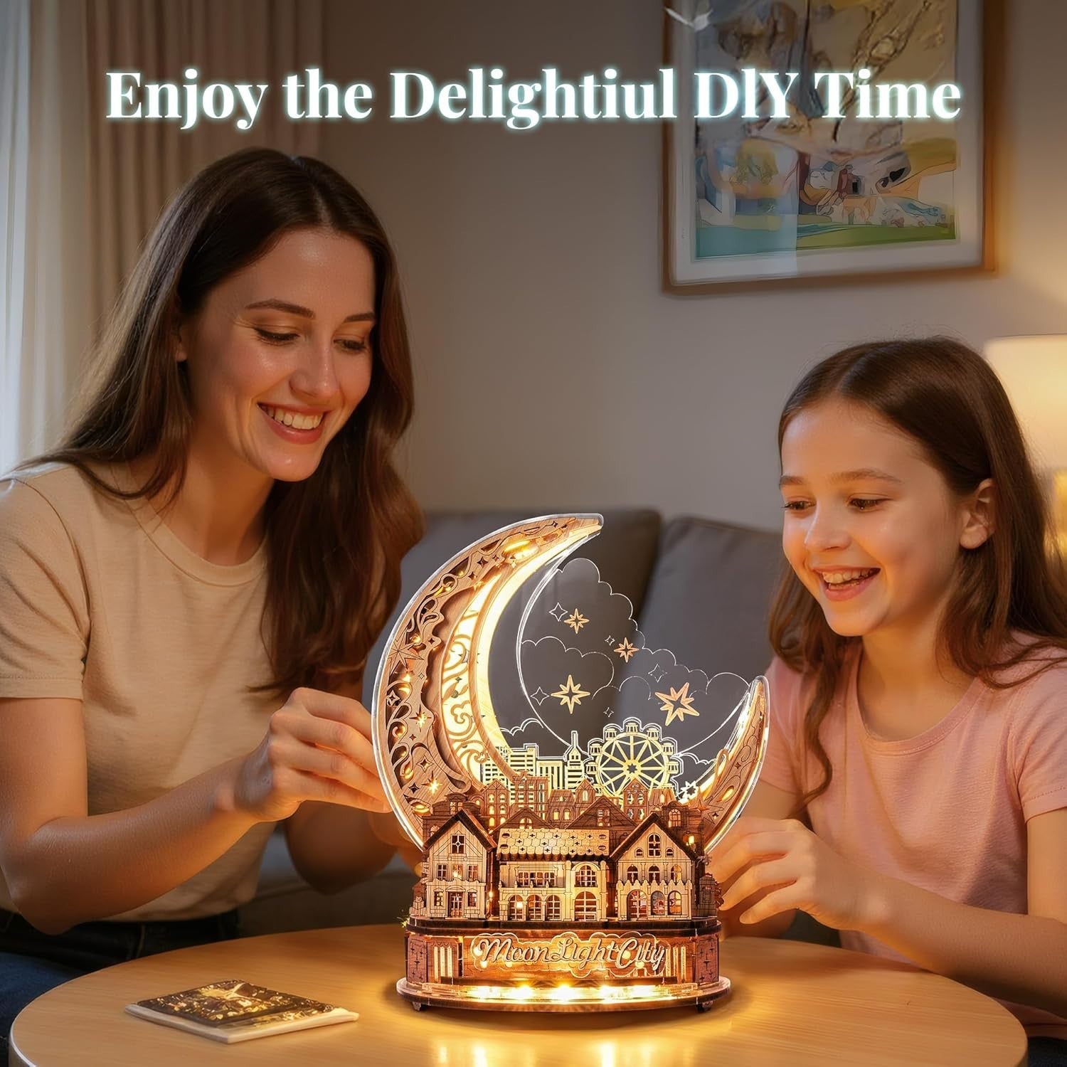 LED 3D Wooden Moon Puzzle Lamp – DIY Decor Kit for Adults & Kids Gift