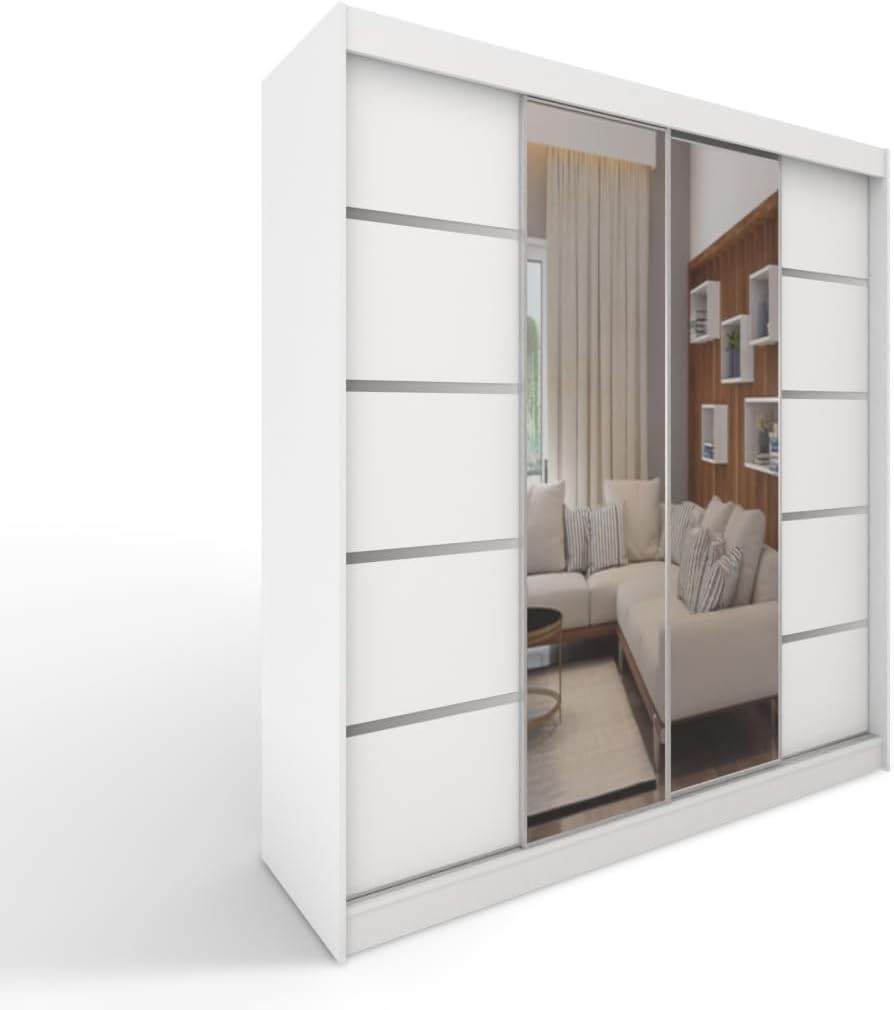 200cm Sliding Mirror Wardrobe White 2 Door Modern Bedroom Storage Unit