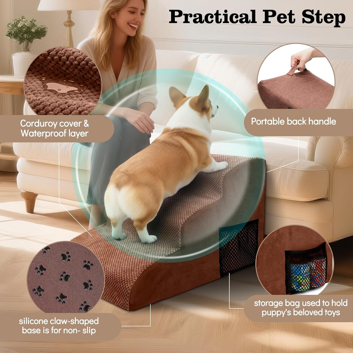 Dog Steps for Bed 3 Step Non Slip Waterproof Pet Stairs 60x40x40cm