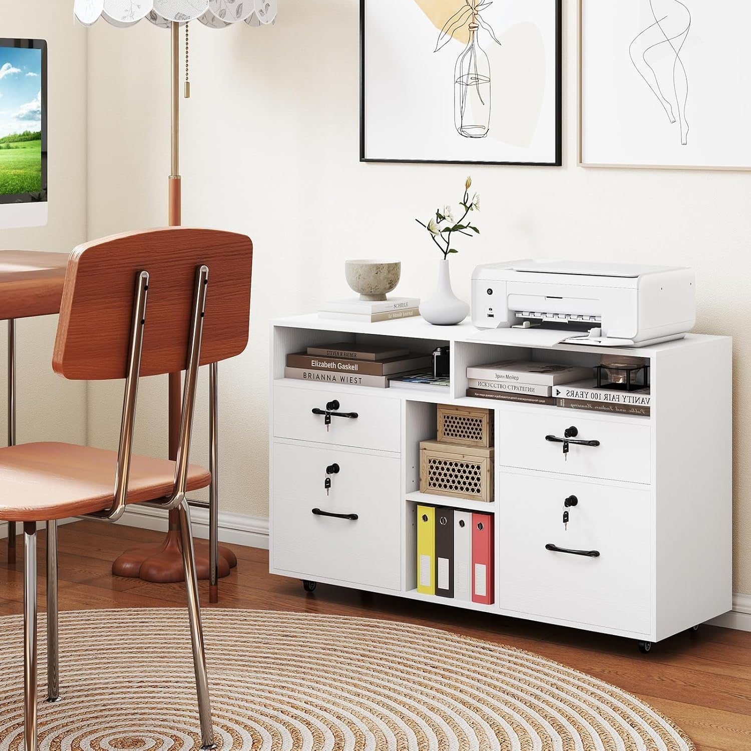 Wide Mobile File Cabinet 4 Drawer Lockable Lateral Printer Stand