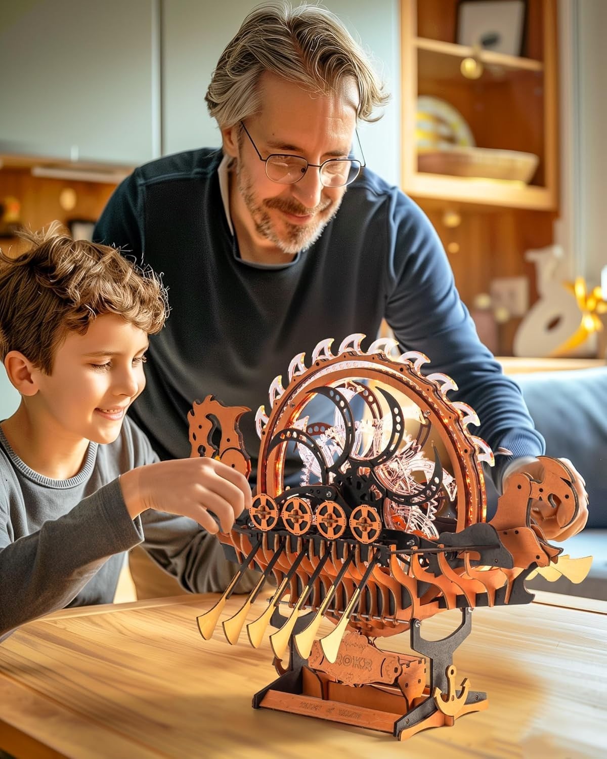 3D Wooden Viking Dragon Ship Puzzle Kit with LED Lights & Mechanical Gears