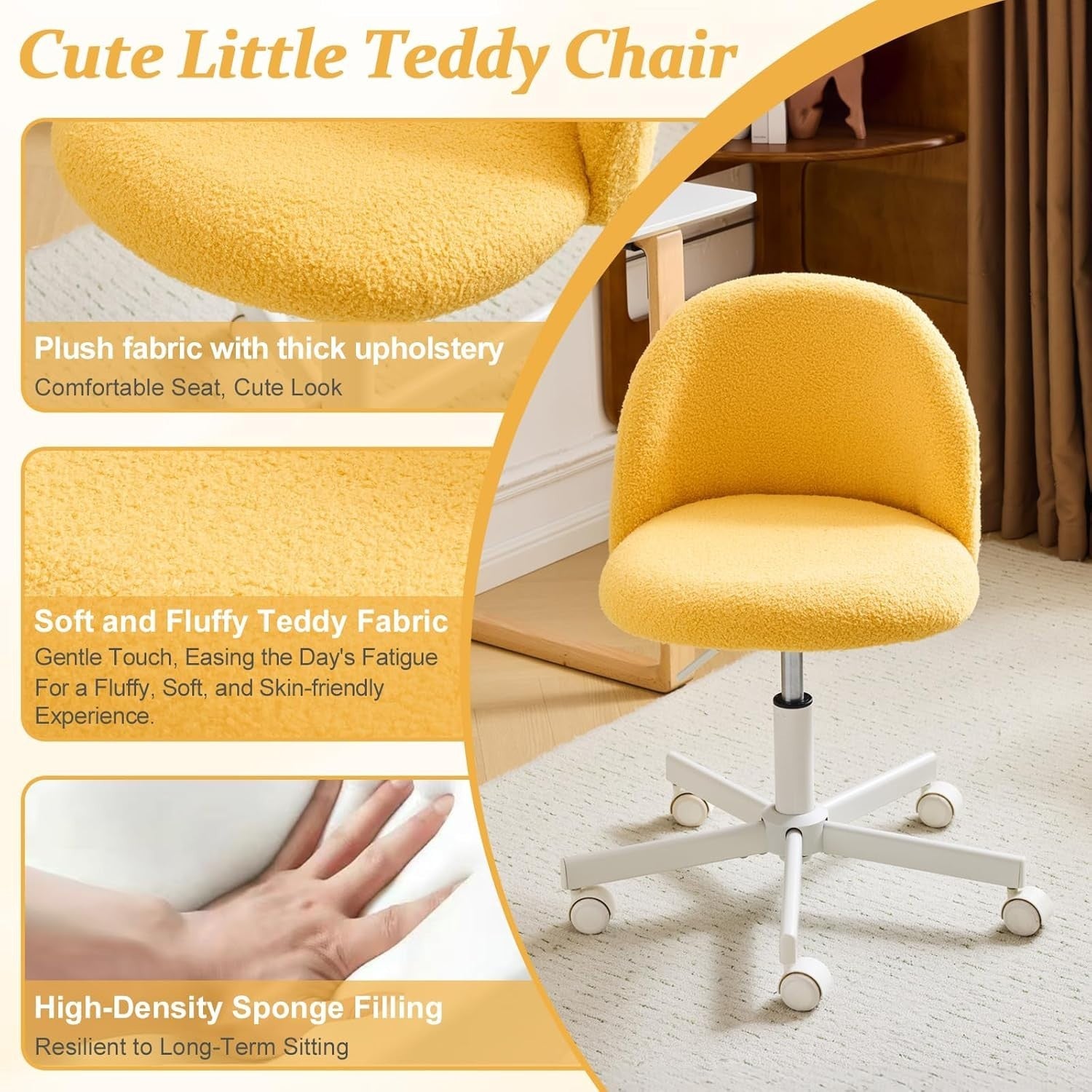 Cute Teddy Fleece Swivel Desk Chair – Adjustable Comfy Small Office Chair Yellow
