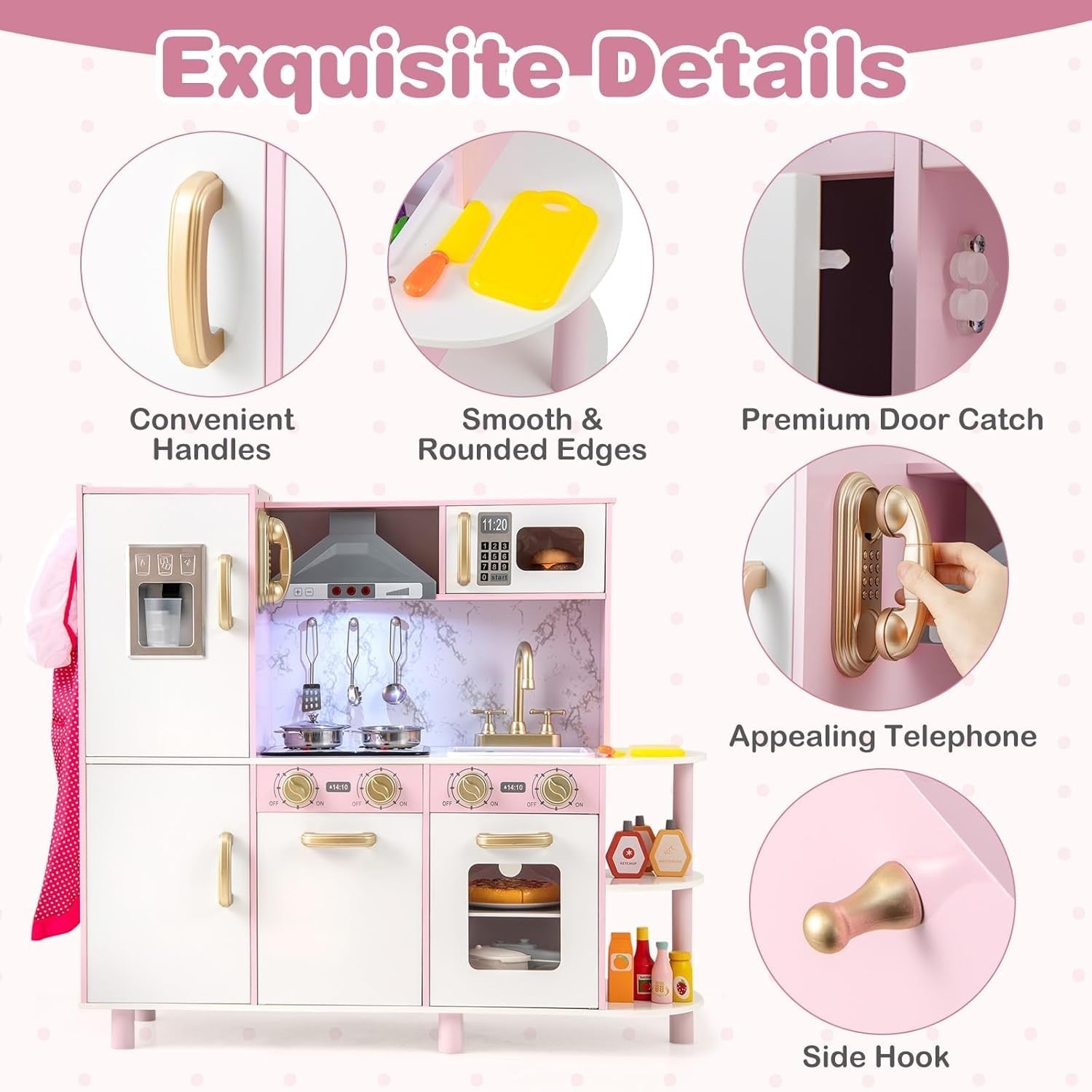 Pink Kids Play Kitchen Lights Sounds Ice Maker Chef Toy Set