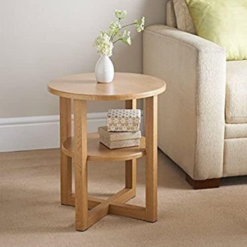 Round Oak Side Table with Shelf 50x50x50cm – Coffee End Table for Living Room