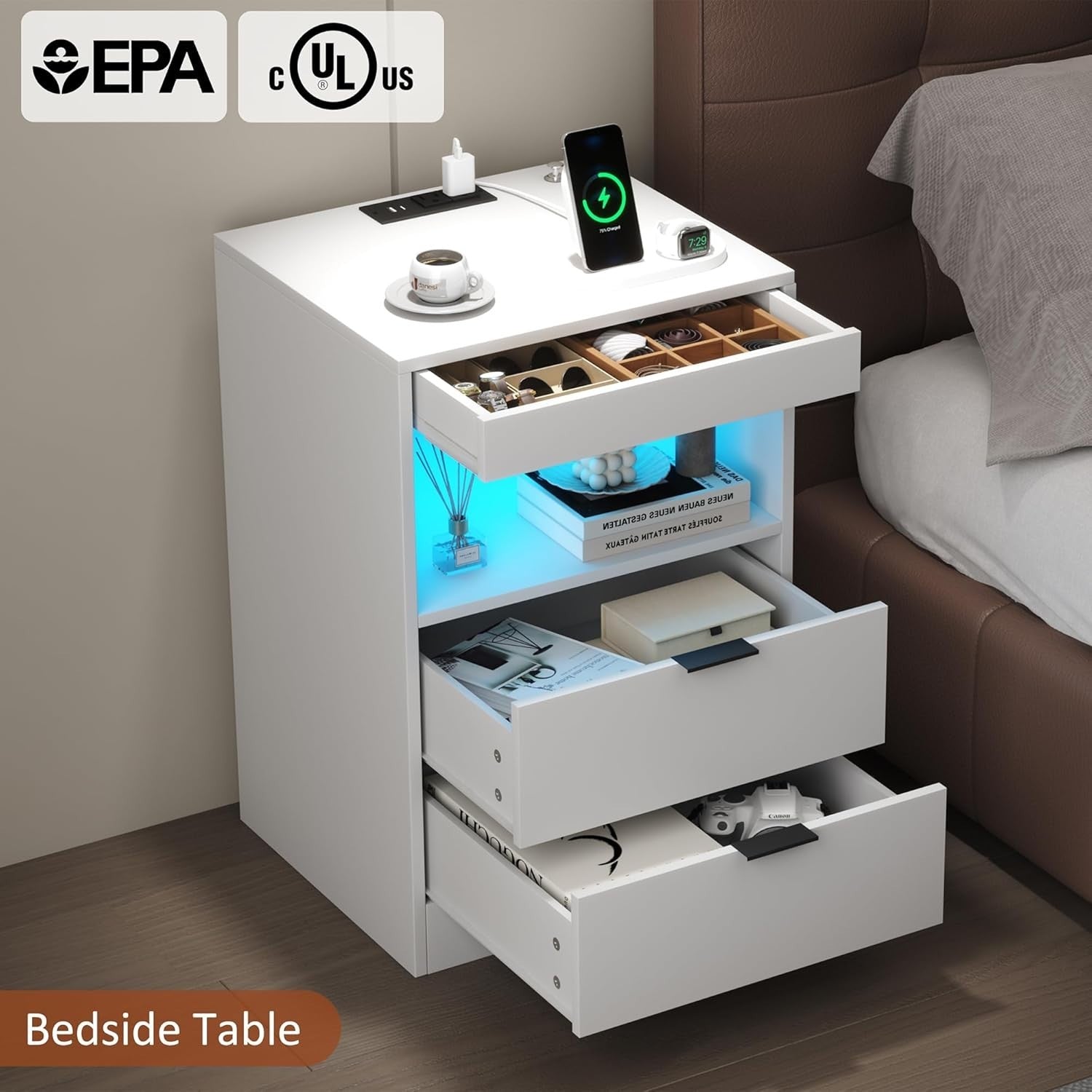 White LED Nightstand with Charging Station – 2 USB Ports, Power Outlets & Drawer