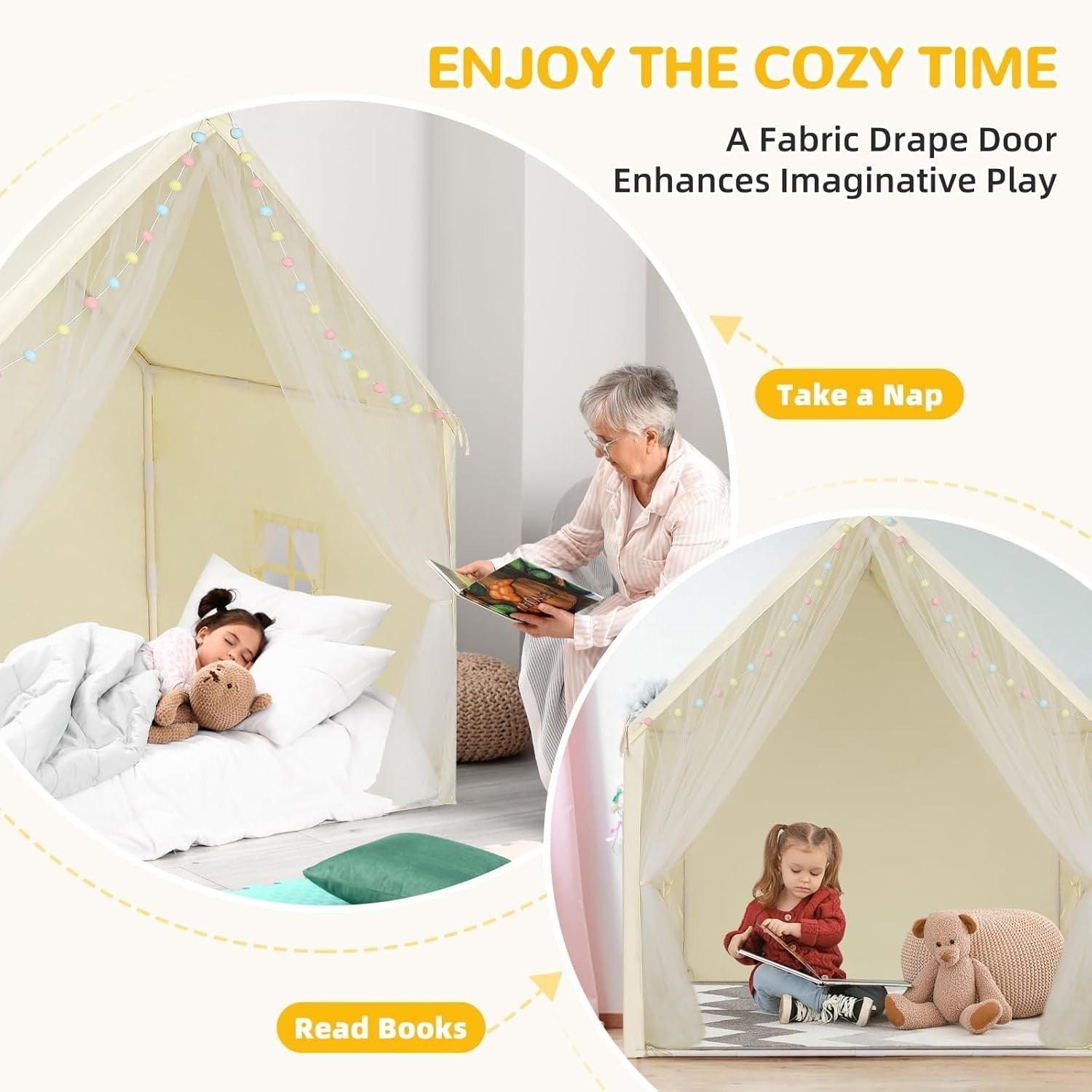 Large Kids Play Tent Indoor Outdoor Castle Bed Playhouse Pale Yellow