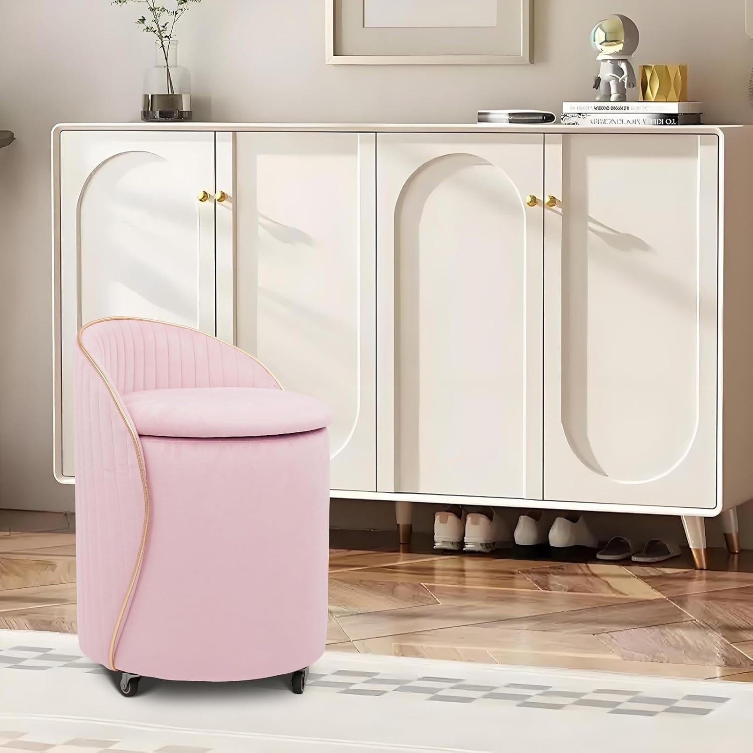 Pink Velvet Storage Ottoman Swivel Stool with Backrest & Wheels 37cm