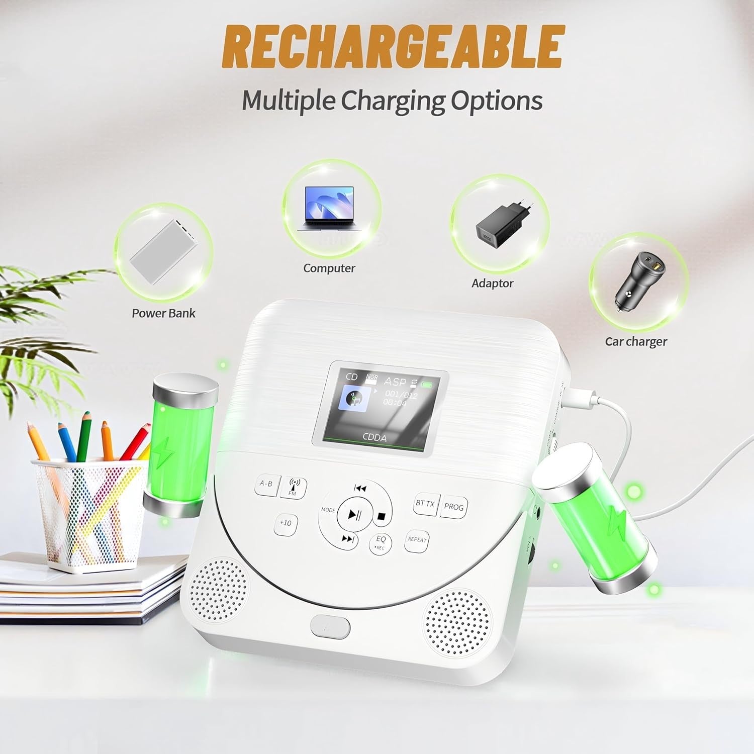 Portable Bluetooth CD Player FM Transmitter TF AUX Rechargeable Black
