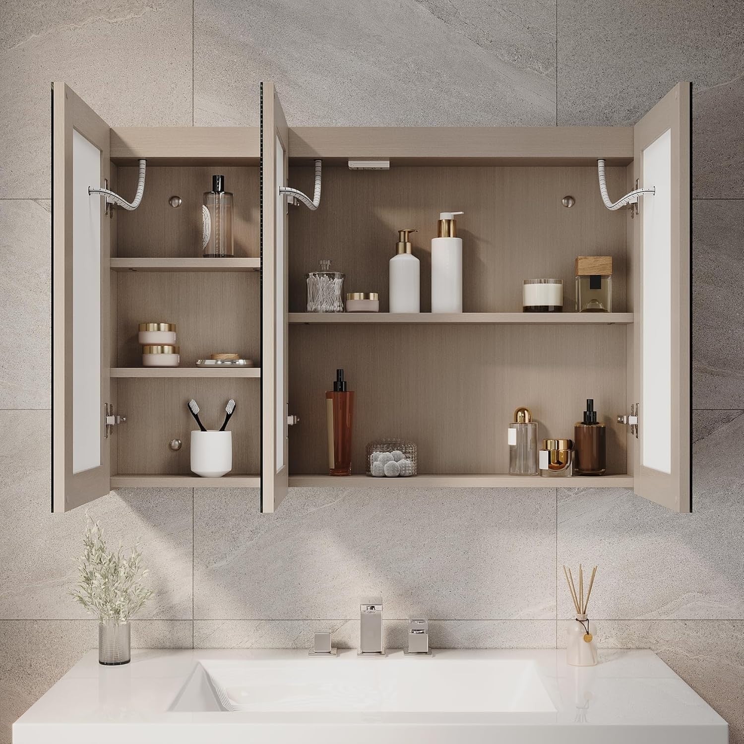 LED Bathroom Mirror Cabinet 900x600mm 3 Door with Shaver Socket & Defogger