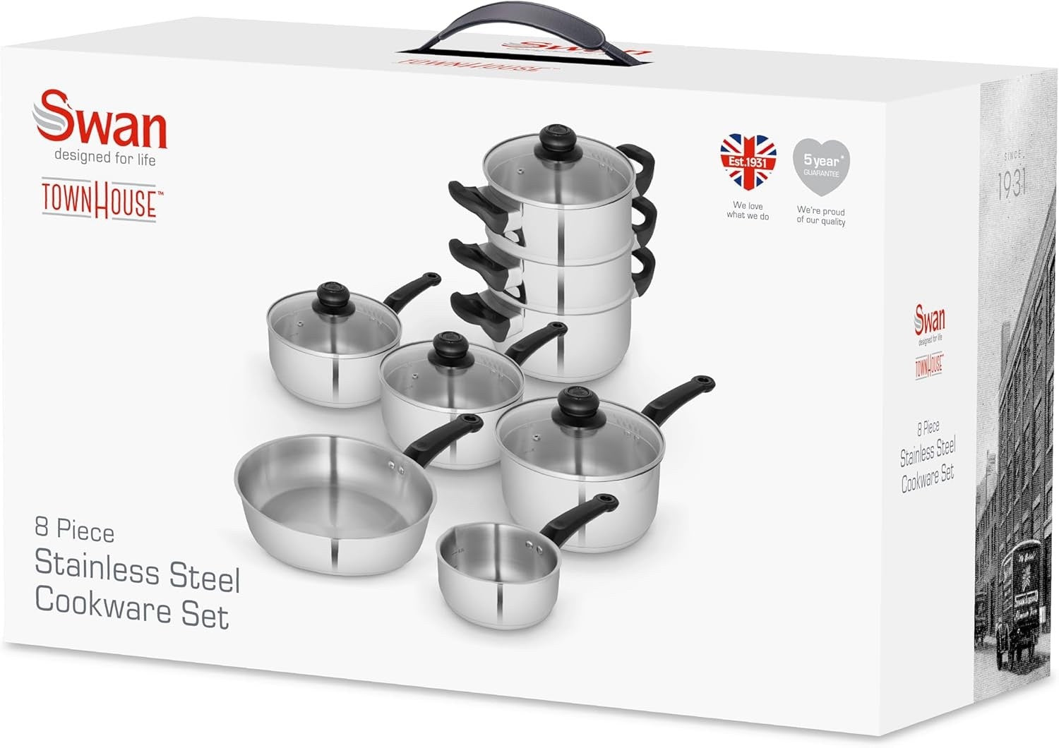 8Pcs Stainless Steel Cookware Set with Saucepans, Frying Pan & Steamer