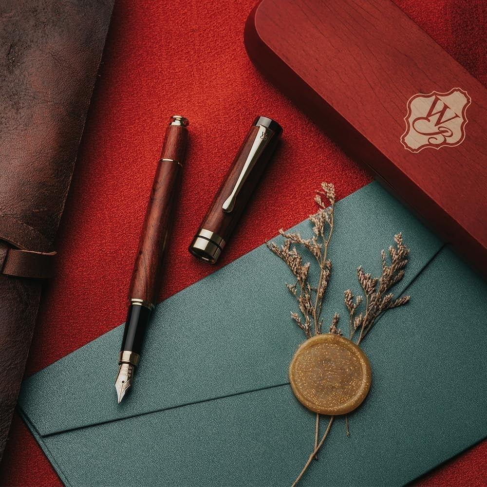 Luxury Bamboo Fountain Pen Brown Wood – Medium Nib, Gift Case, Smooth Writing