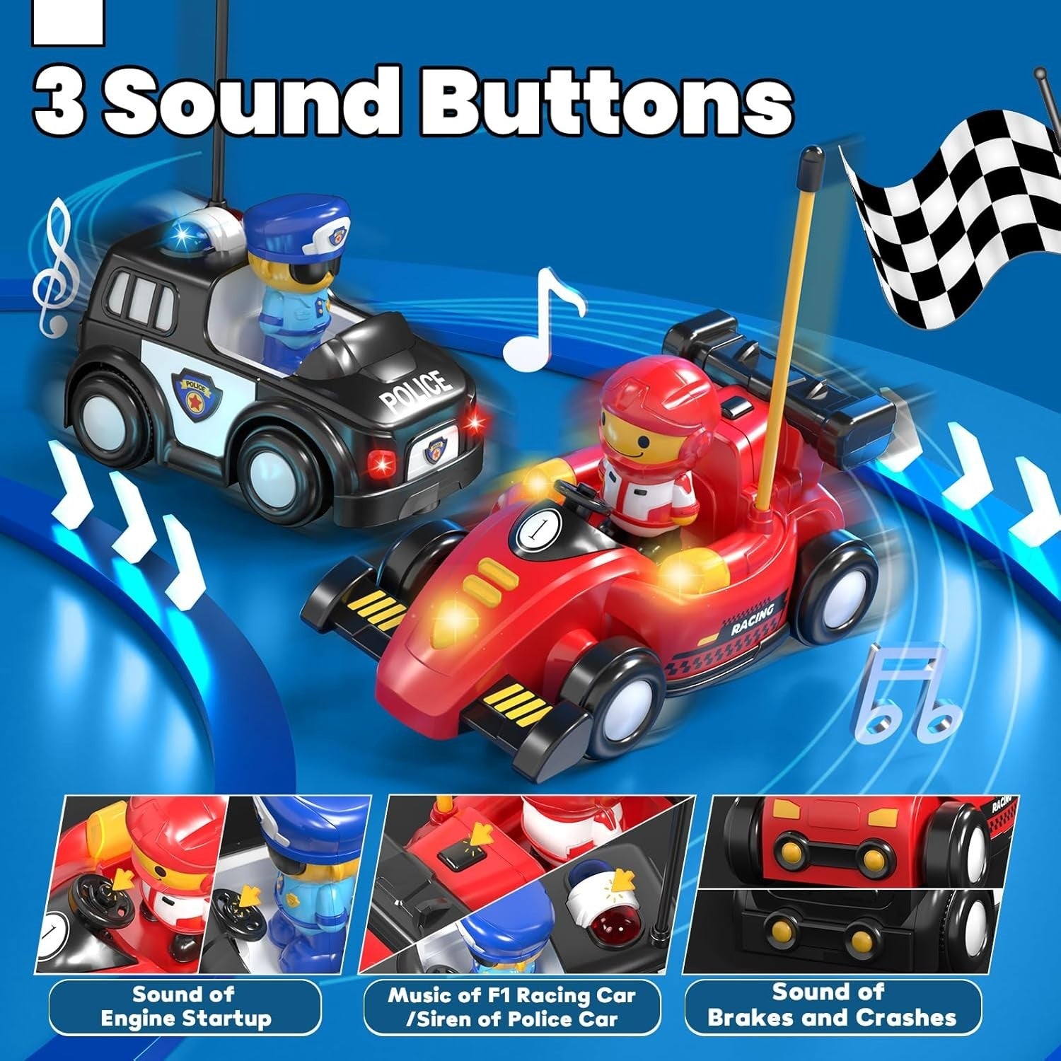 2 Pack RC Cars for Kids 1–3 Pop-Up Police & Race Car Lights Music Remote Control