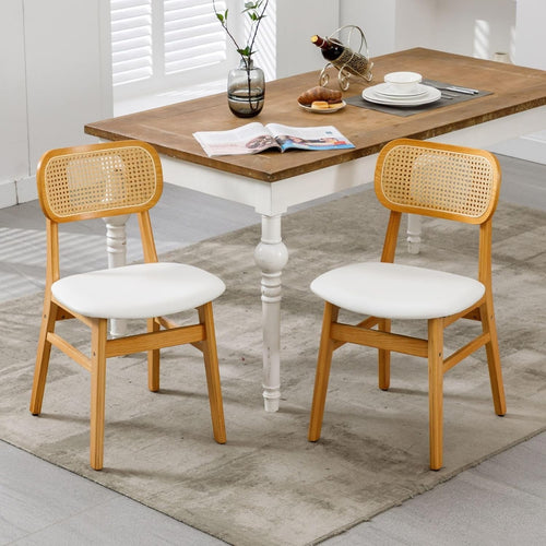 White Rattan Dining Chairs Set of 2 PU Leather Padded Retro Kitchen Chairs