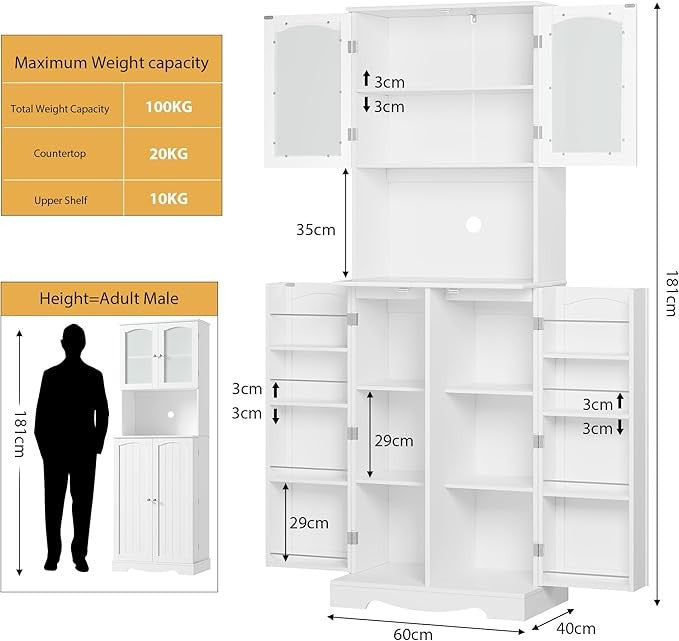 Tall White Kitchen Storage Cabinet 181cm Pantry Cupboard with 4 Doors Adjustable
